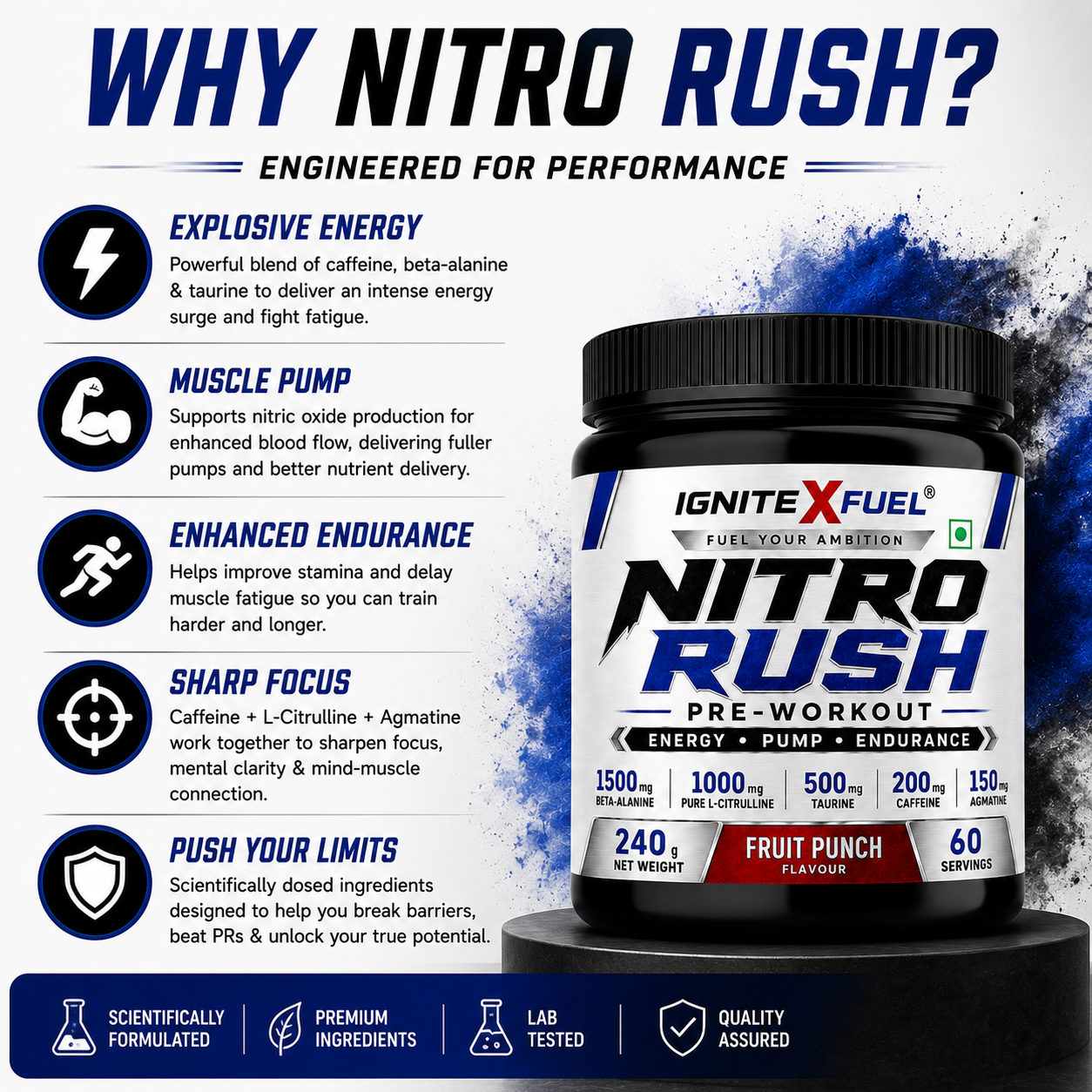 IGNITEXFUEL NITRO RUSH Pre-Workout – Fruit Punch | 240g | 60 Servings