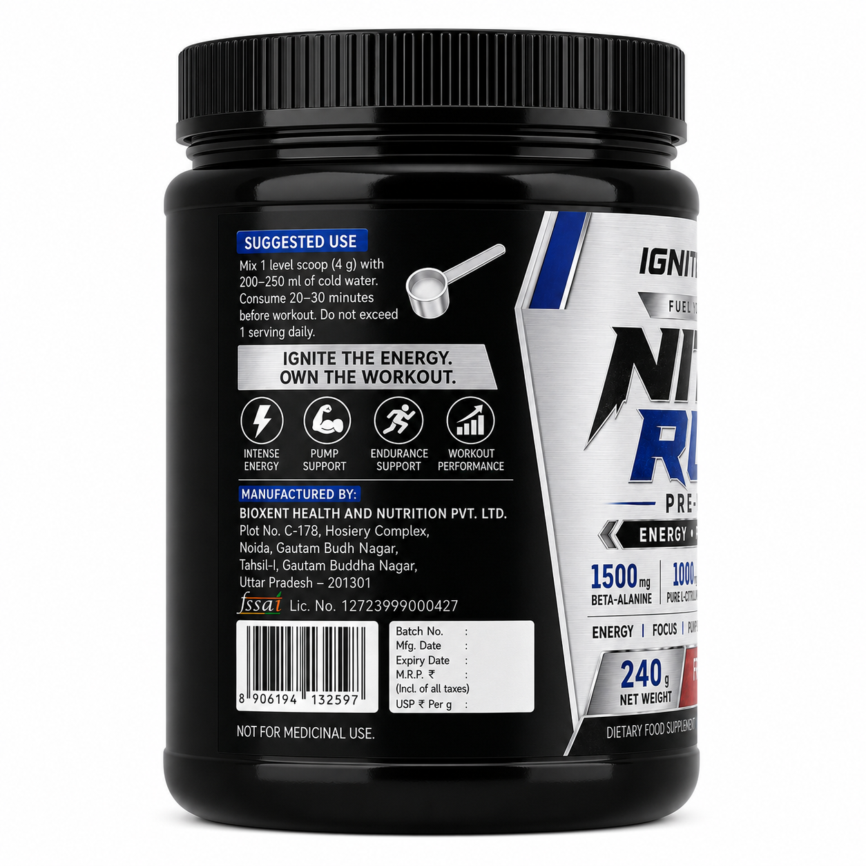 IGNITEXFUEL NITRO RUSH Pre-Workout – Fruit Punch | 240g | 60 Servings
