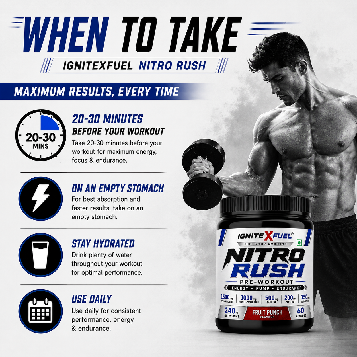 IGNITEXFUEL NITRO RUSH Pre-Workout – Fruit Punch | 240g | 60 Servings