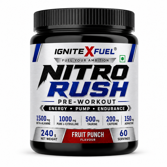 IGNITEXFUEL NITRO RUSH Pre-Workout – Fruit Punch | 240g | 60 Servings