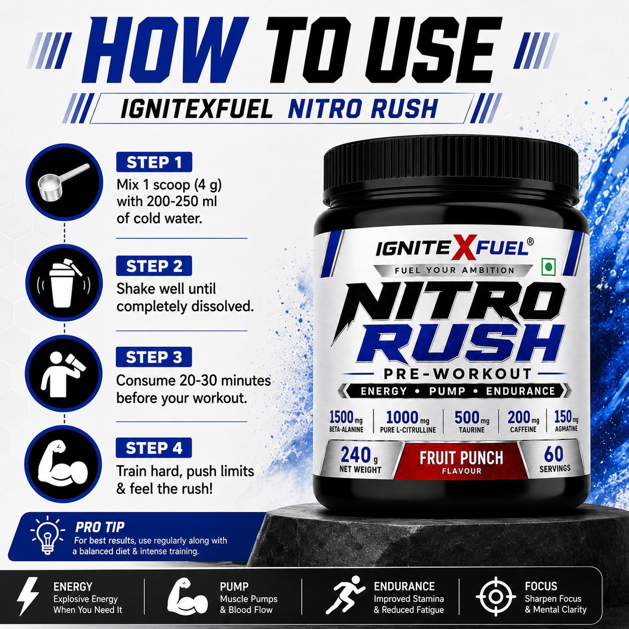 IGNITEXFUEL NITRO RUSH Pre-Workout – Fruit Punch | 240g | 60 Servings